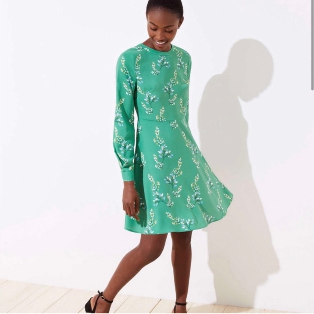LOFT Jaded Kelly Green Floral Long Sleeve Dress